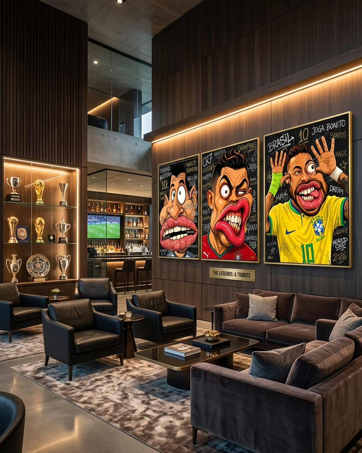 Messi canvas print featured in The Legends Tribute display with Cristiano Ronaldo and Neymar Jr, hung in a luxury lounge with a World Cup trophy showcase and brown leather seating