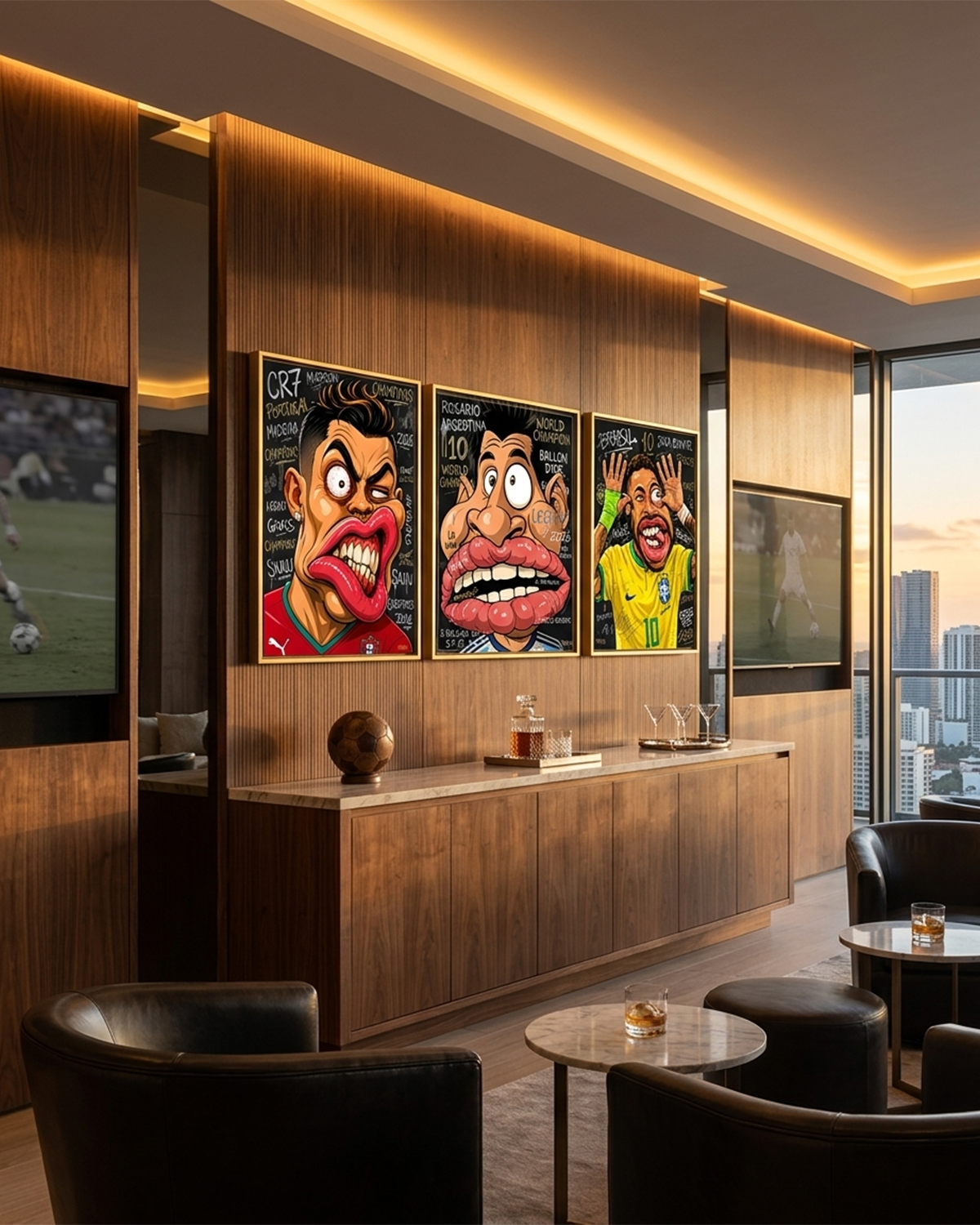Messi canvas print displayed alongside Cristiano Ronaldo and Neymar Jr in The Last Dance trio collection, hung on a luxury lounge wall with pendant lighting and a gray sectional