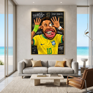 Neymar Jr canvas print by Henrix displayed in a bright oceanfront Miami living room with a gray sofa, boucle accent chairs, and beach views