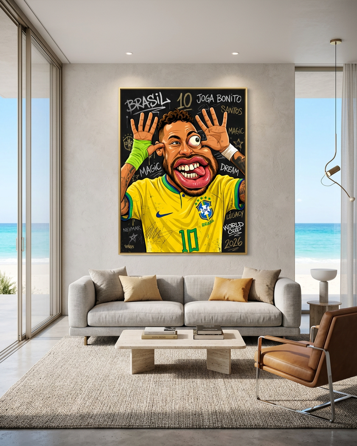 Neymar Jr canvas print by Henrix displayed in a bright oceanfront Miami living room with a gray sofa, boucle accent chairs, and beach views