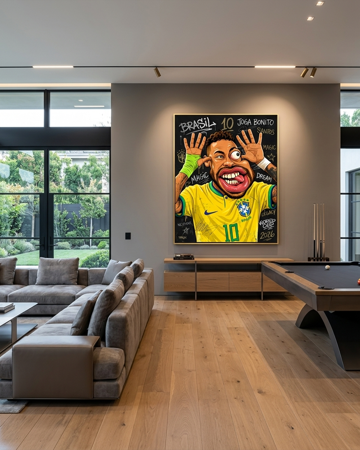 Neymar Jr canvas print by Henrix displayed in a modern game room with a gray sectional sofa, pool table, and floor to ceiling garden views