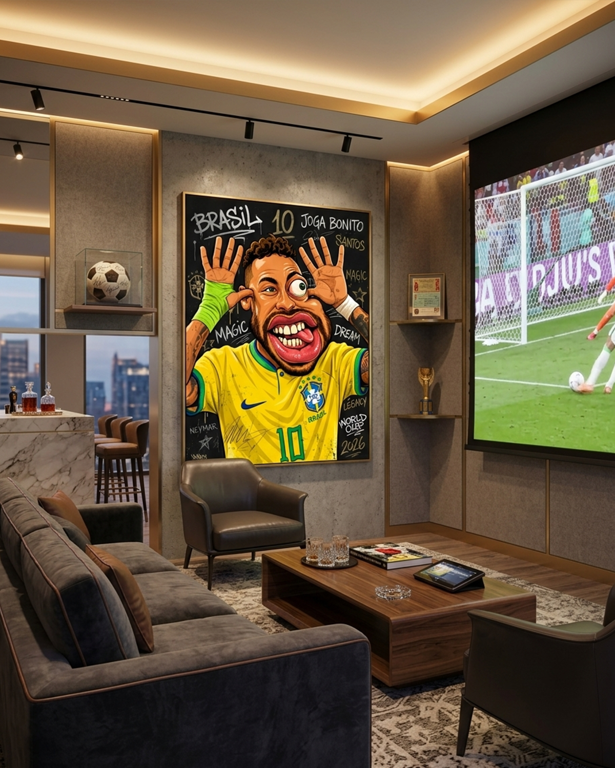 Neymar Jr canvas print by Henrix in a home theater man cave with a big screen soccer match, signed ball display, World Cup trophy replica, and marble bar
