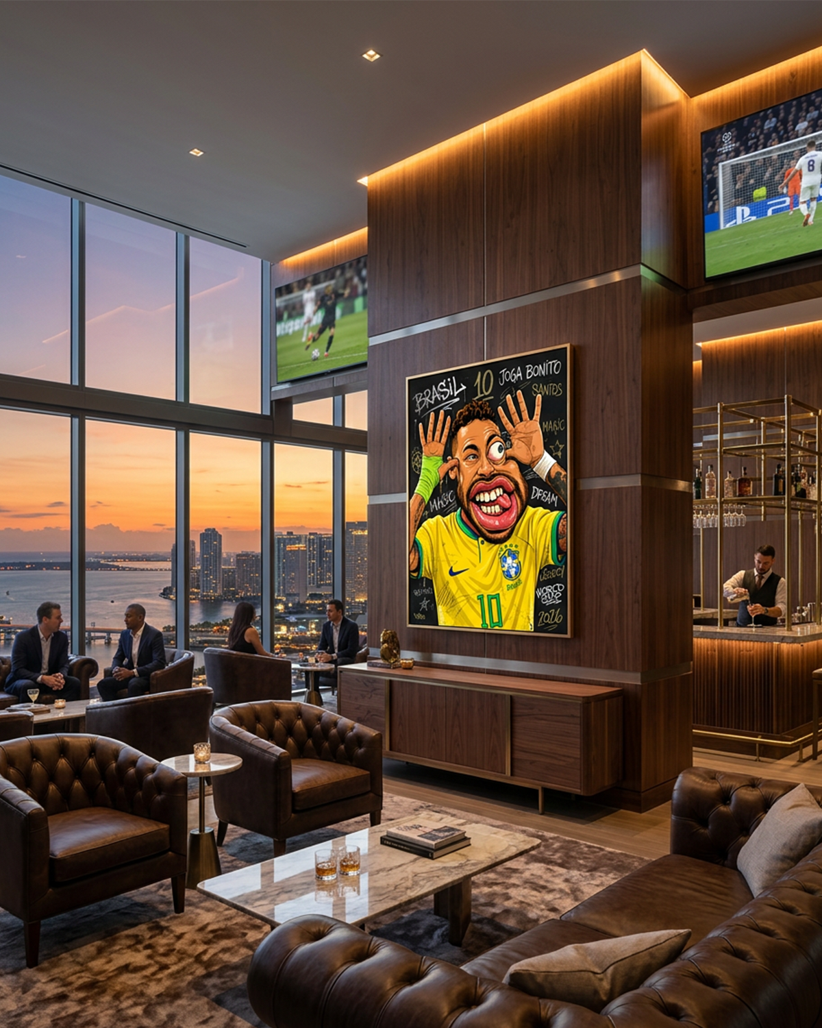Neymar Jr canvas print by Henrix hung in a luxury high rise sky lounge with Miami sunset bay views, brown leather Chesterfield chairs, and live soccer on the screens