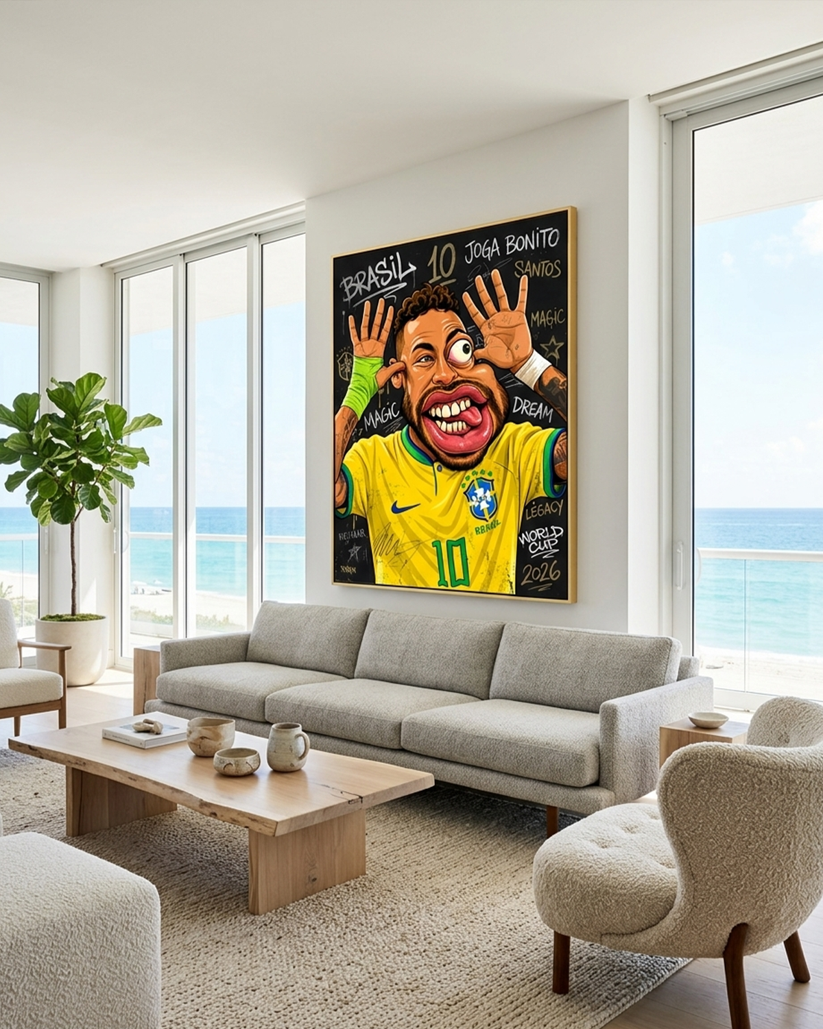 Neymar Jr canvas print by Henrix in a home theater man cave with a big screen soccer match, signed ball display, World Cup trophy replica, and marble bar