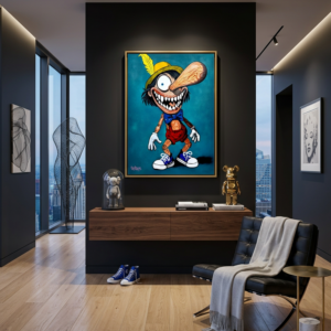Pinocchio's Nightmare - Canvas Print by Henrix styled over a dark wood floating media unit in a minimalist charcoal grey living space with a grey chaise lounge