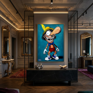 Pinocchio's Nightmare - Original Painting by Henrix displayed on a dark grey partition wall in an elegant residential hallway with ornate ceiling moldings and gold-trimmed mirrors