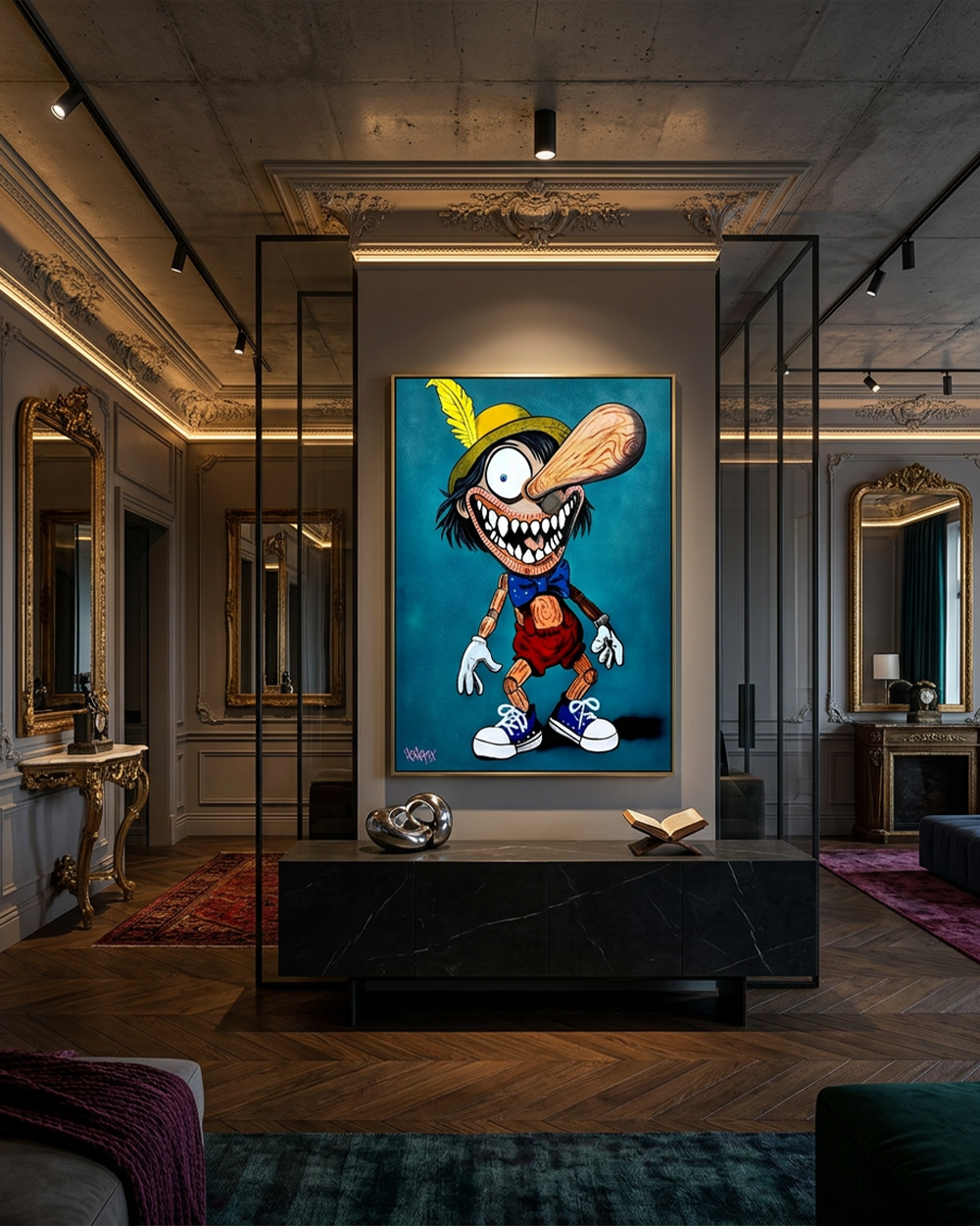 Pinocchio's Nightmare - Original Painting by Henrix displayed on a dark grey partition wall in an elegant residential hallway with ornate ceiling moldings and gold-trimmed mirrors