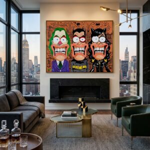 Gotham's Finest canvas print above a fireplace in a high-rise penthouse living room overlooking the New York City skyline
