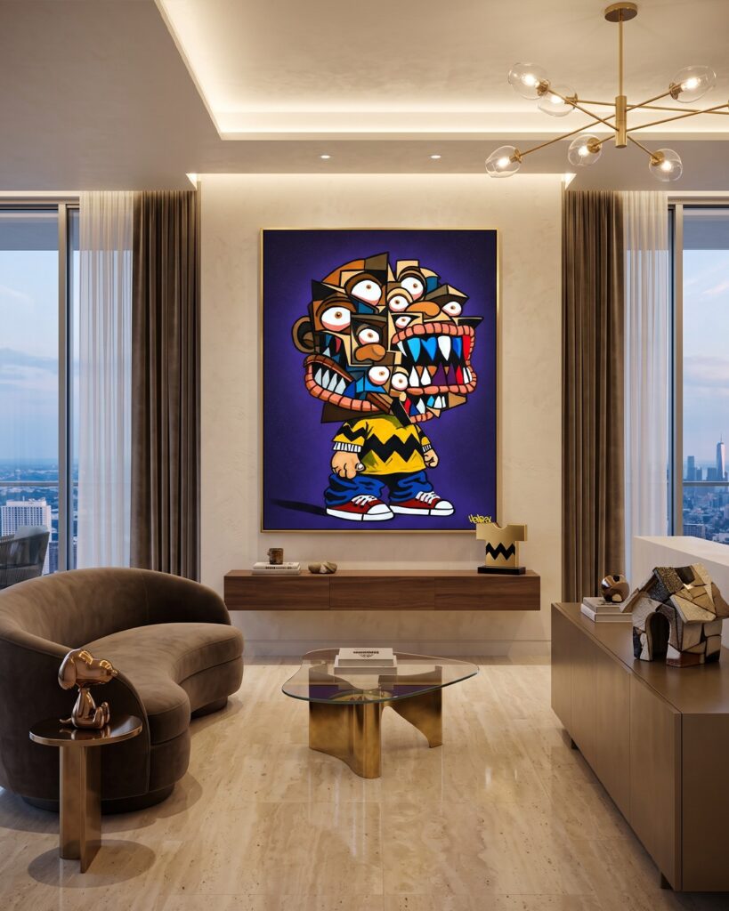 Blockhead canvas print in a penthouse living room with a skyline view
