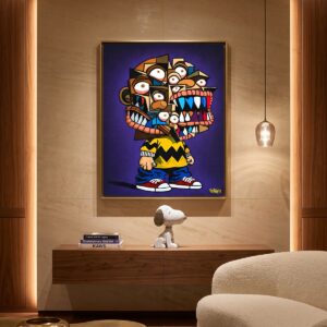 Blockhead canvas print in a walnut luxury living room with a Snoopy figure