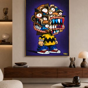 Blockhead original painting and Blockhead canvas print in a contemporary collector lounge