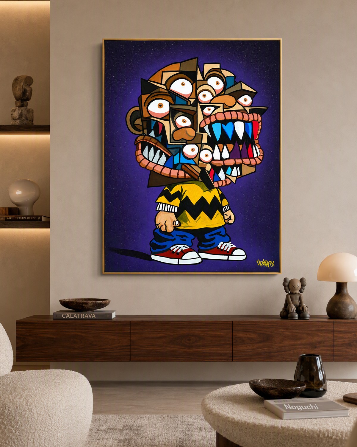 Blockhead original painting and Blockhead canvas print in a contemporary collector lounge