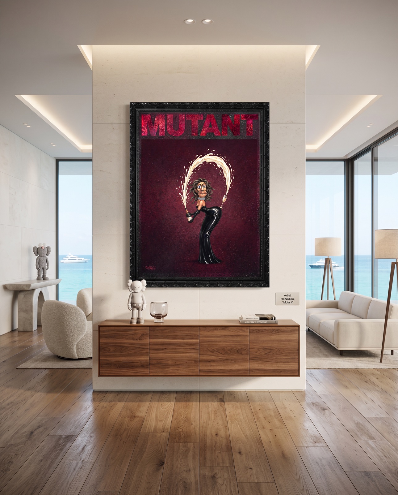 Break the Internet original painting by Henrix in its included black frame in a modern gallery residence