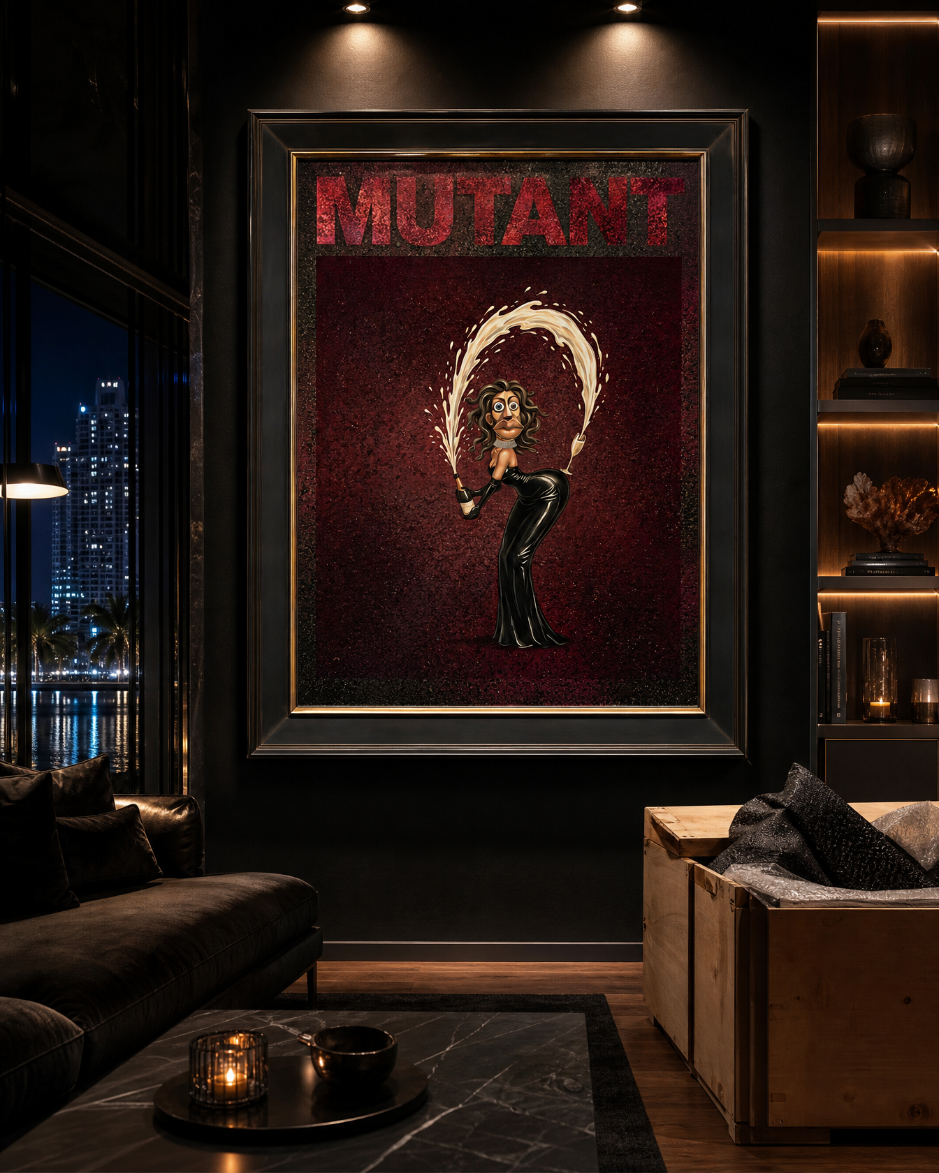 Framed Mutant original artwork by Henrix in a Miami collector home