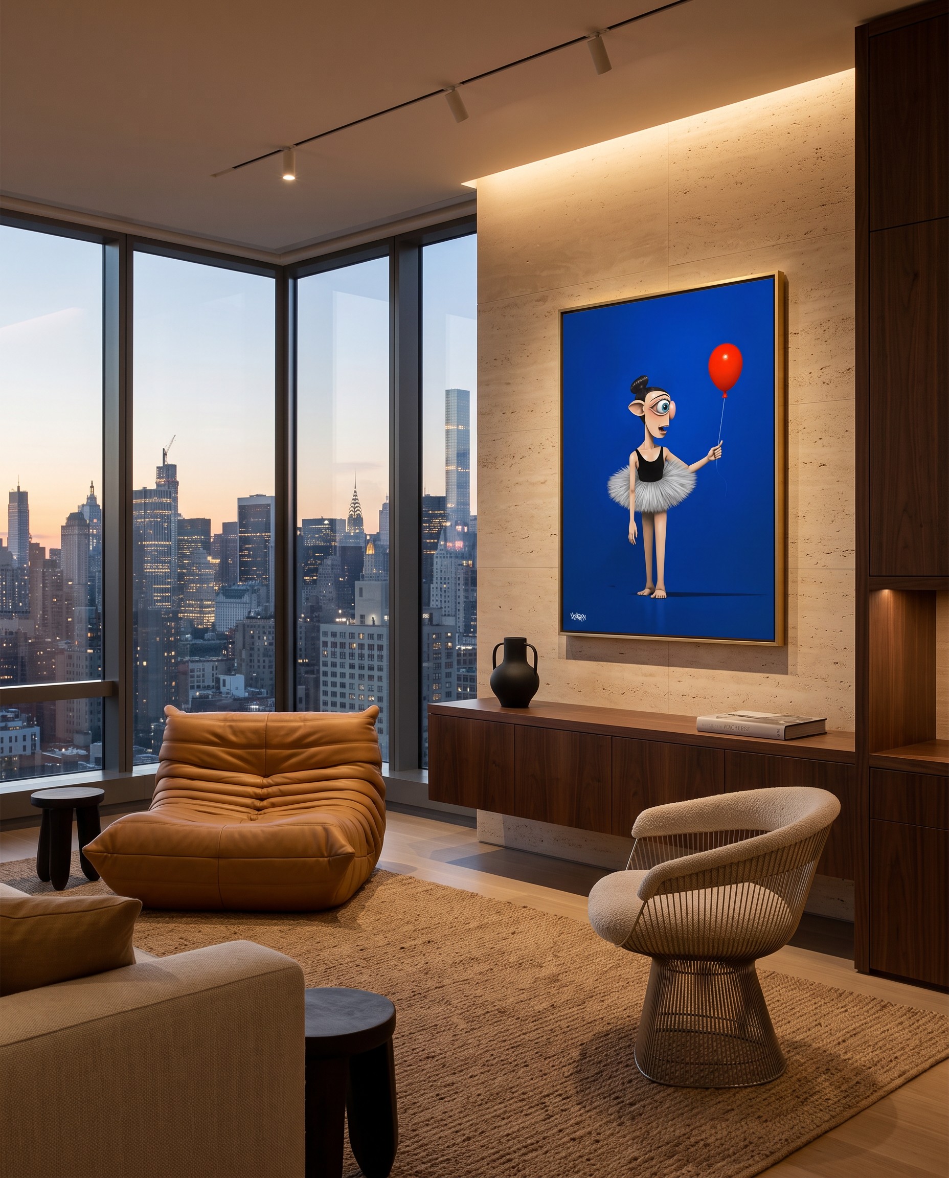 Luna canvas print in a dusk Manhattan collector lounge with skyline views