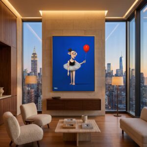 Luna canvas print with an elfin ballerina and red balloon in a Manhattan skyline living room