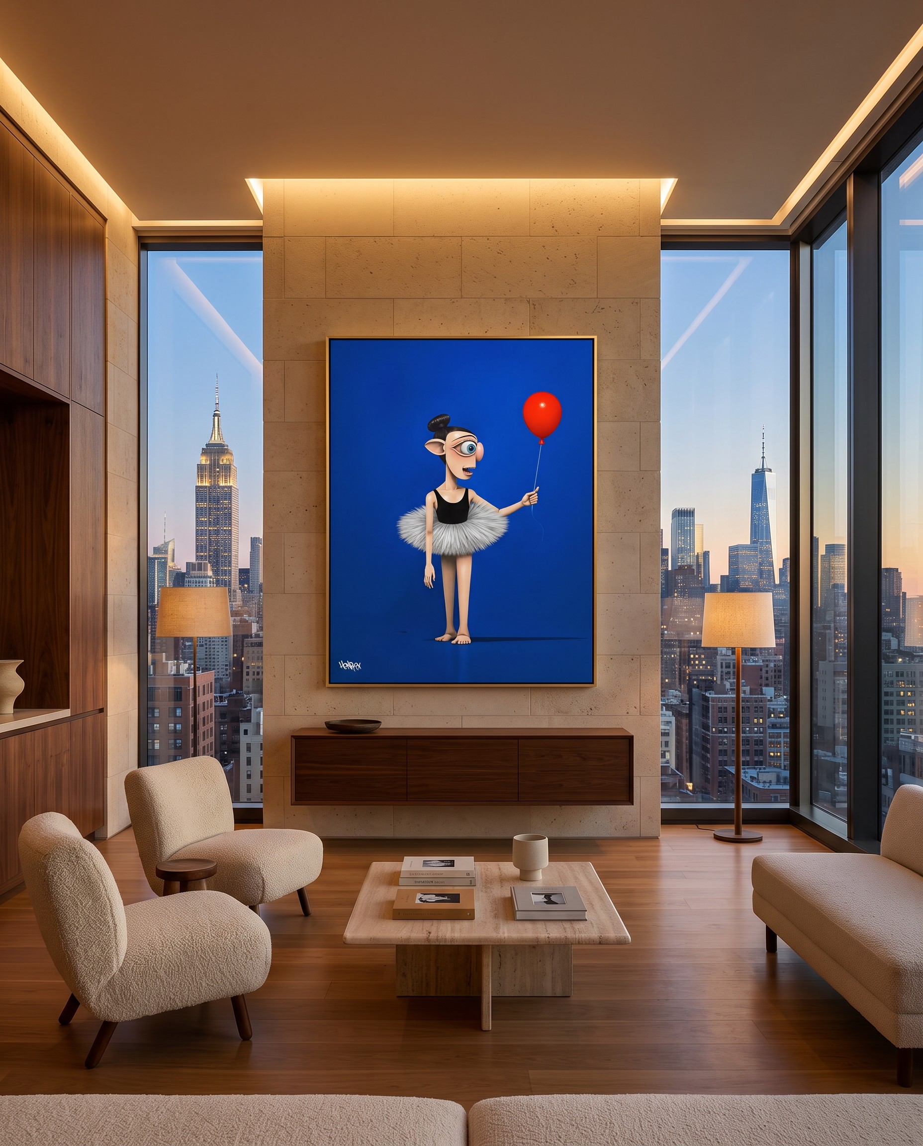 Luna canvas print with an elfin ballerina and red balloon in a Manhattan skyline living room