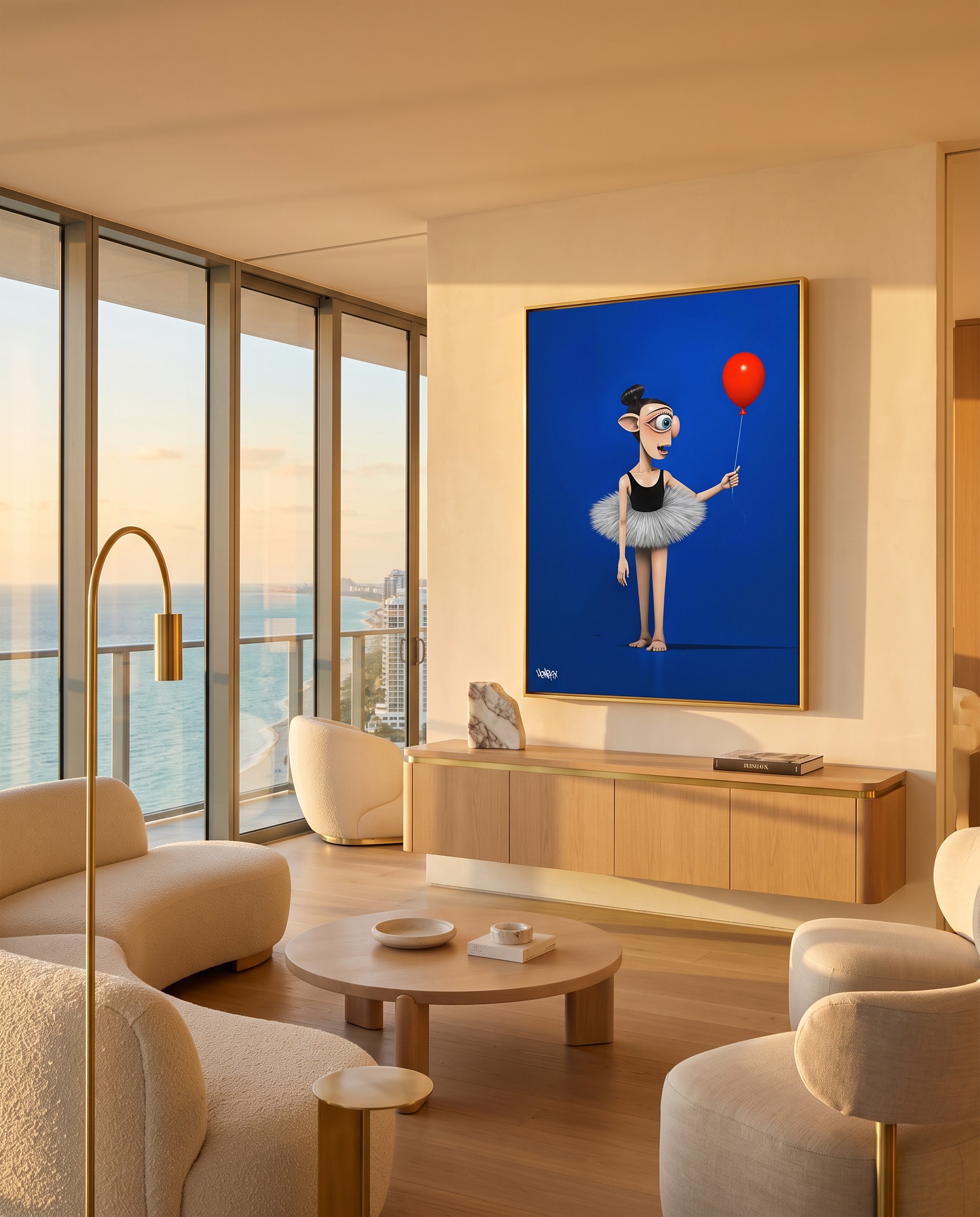 Luna canvas print with red balloon in a night city collector lounge