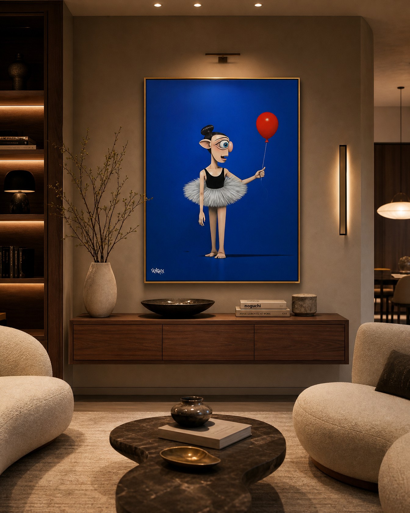 Luna canvas print featuring a surreal ballerina in an oceanfront gallery living room