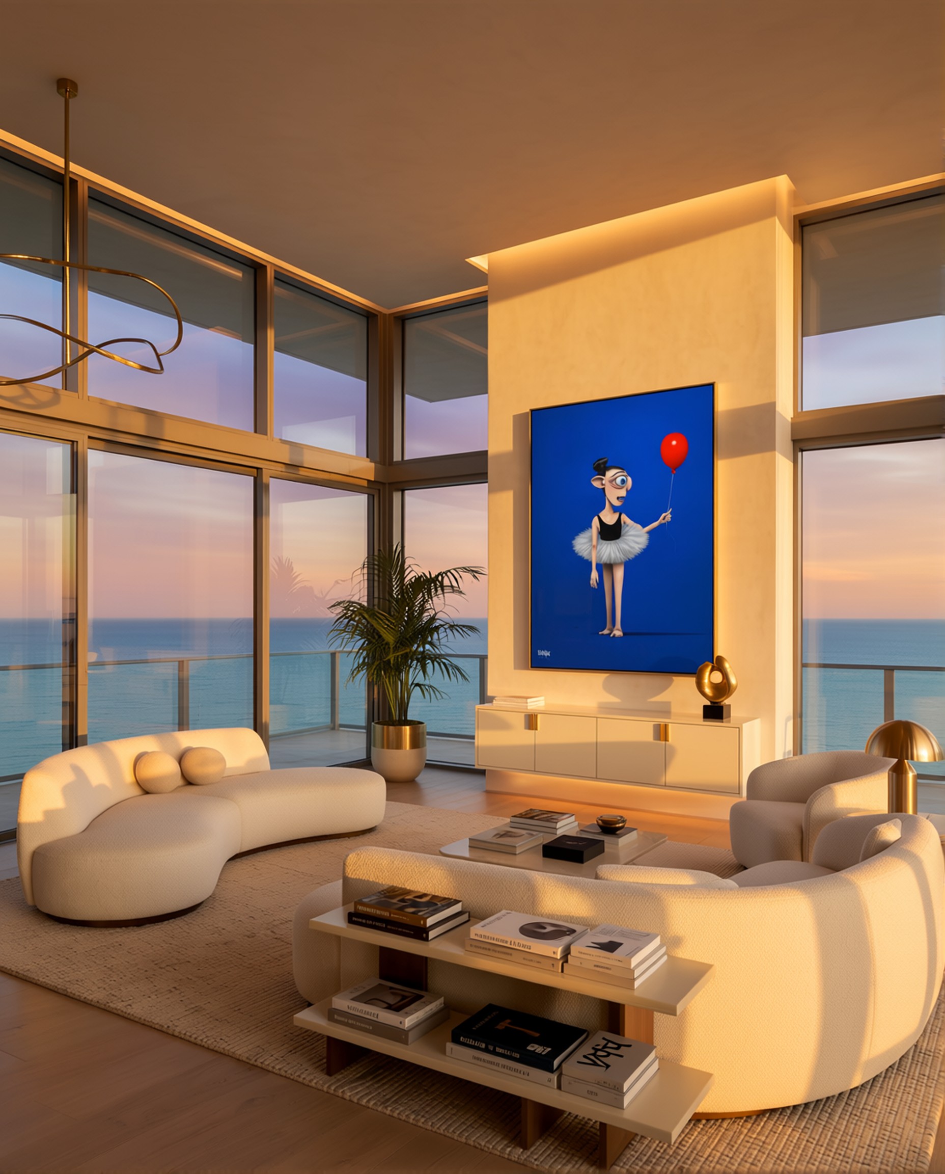 Luna canvas print displayed in a warm sunset oceanfront penthouse