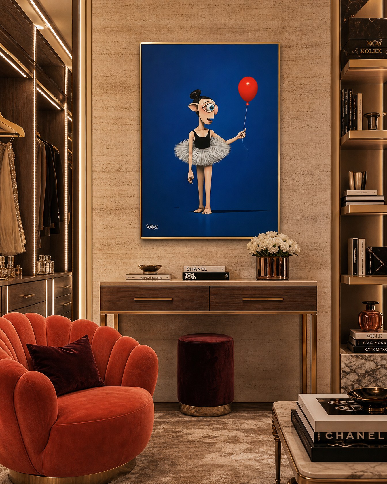Luna canvas print with deep blue background in a warm sunset penthouse interior