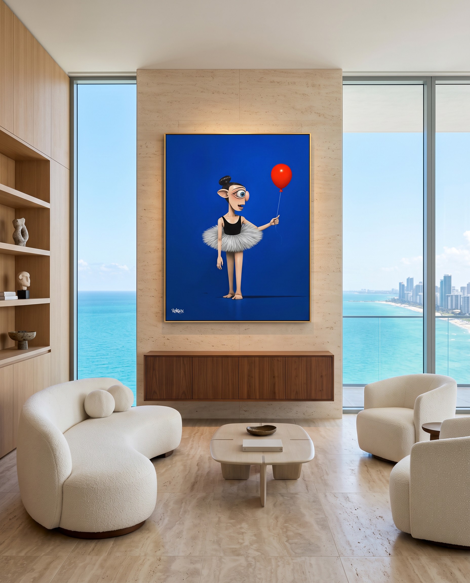 Luna canvas print displayed in a waterfront contemporary collector lounge