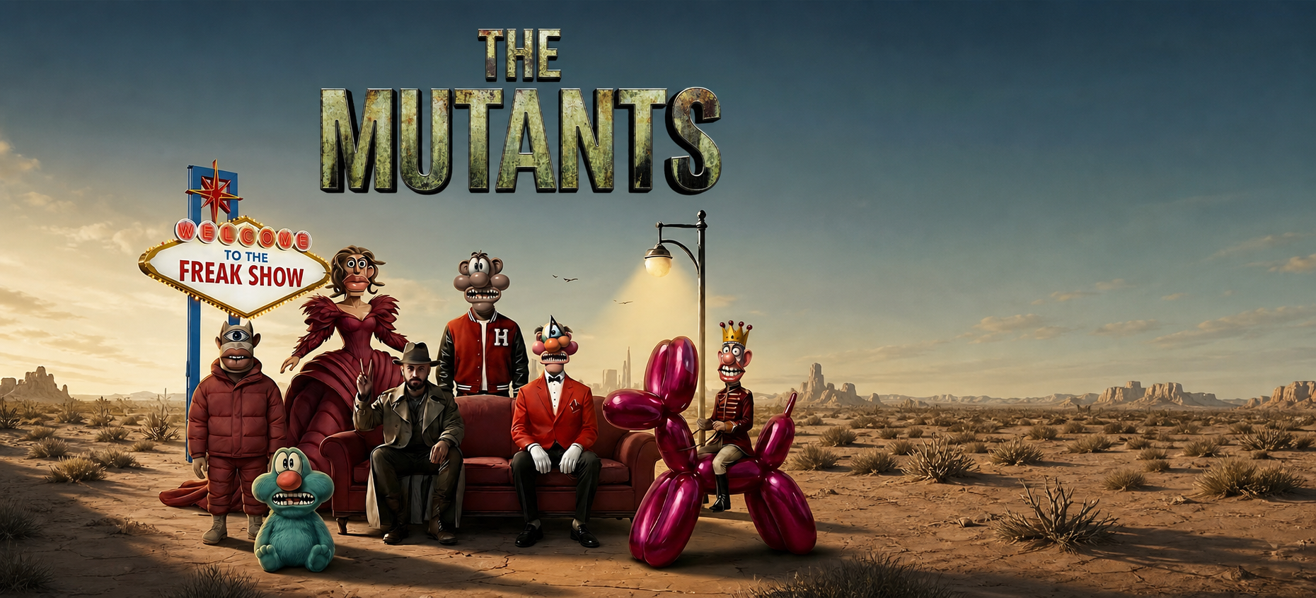 Characters from The Mutants collection in a desert freak show scene