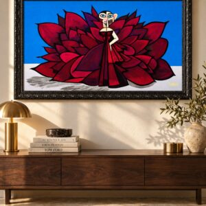 Cardi original painting by Henrix in its ornate black frame on a collector residence wall