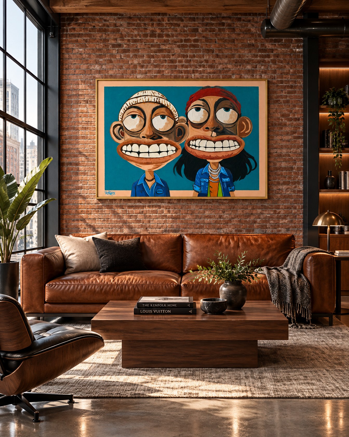 Cheek and Bong canvas print displayed front-facing in a contemporary brick loft
