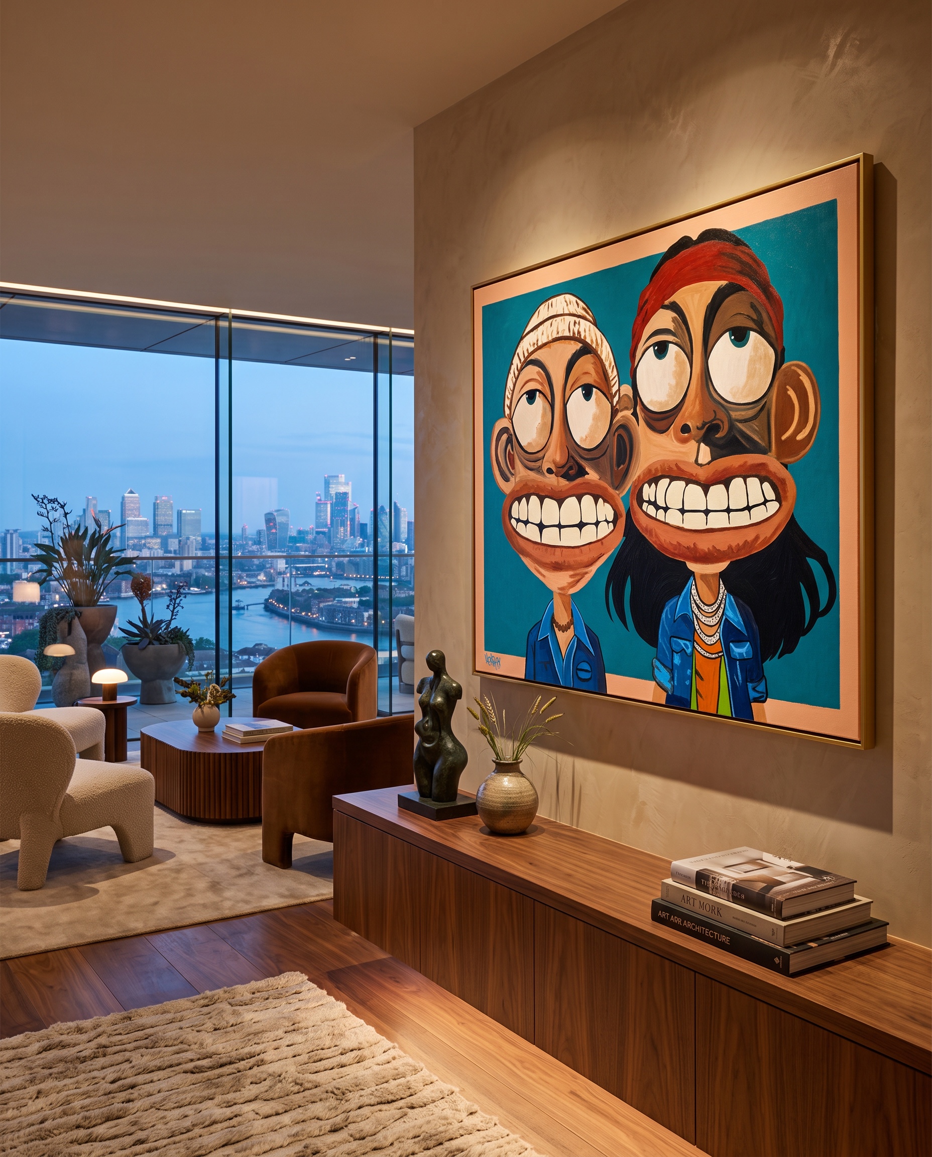 Cheek and Bong canvas print shown from a clear side angle in a city penthouse