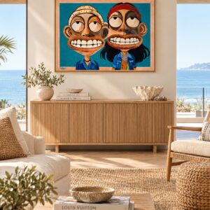 Cheek and Bong canvas print displayed front-facing in a bright coastal collector living room
