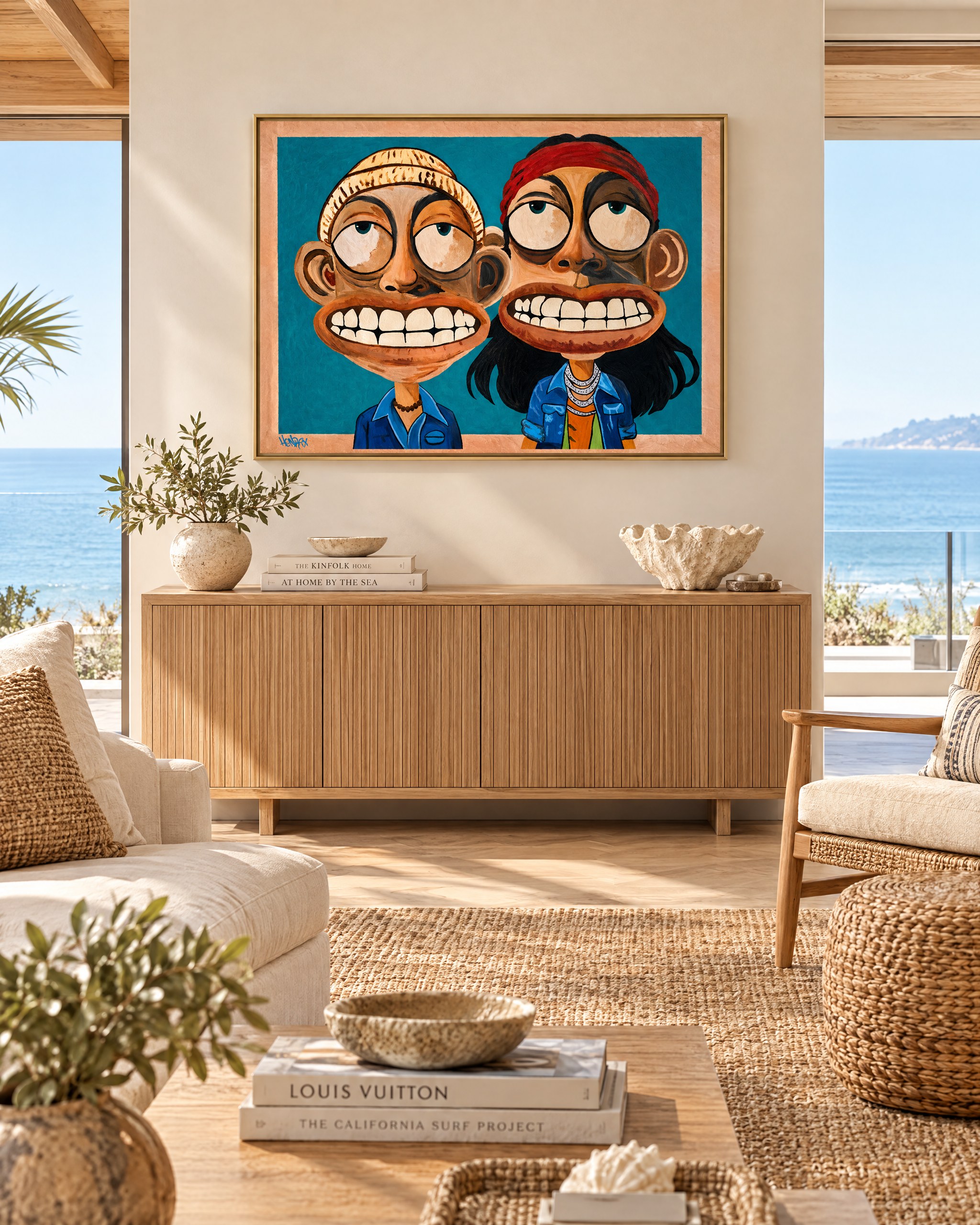 Cheek & Bong canvas print displayed front-facing in a bright coastal collector living room