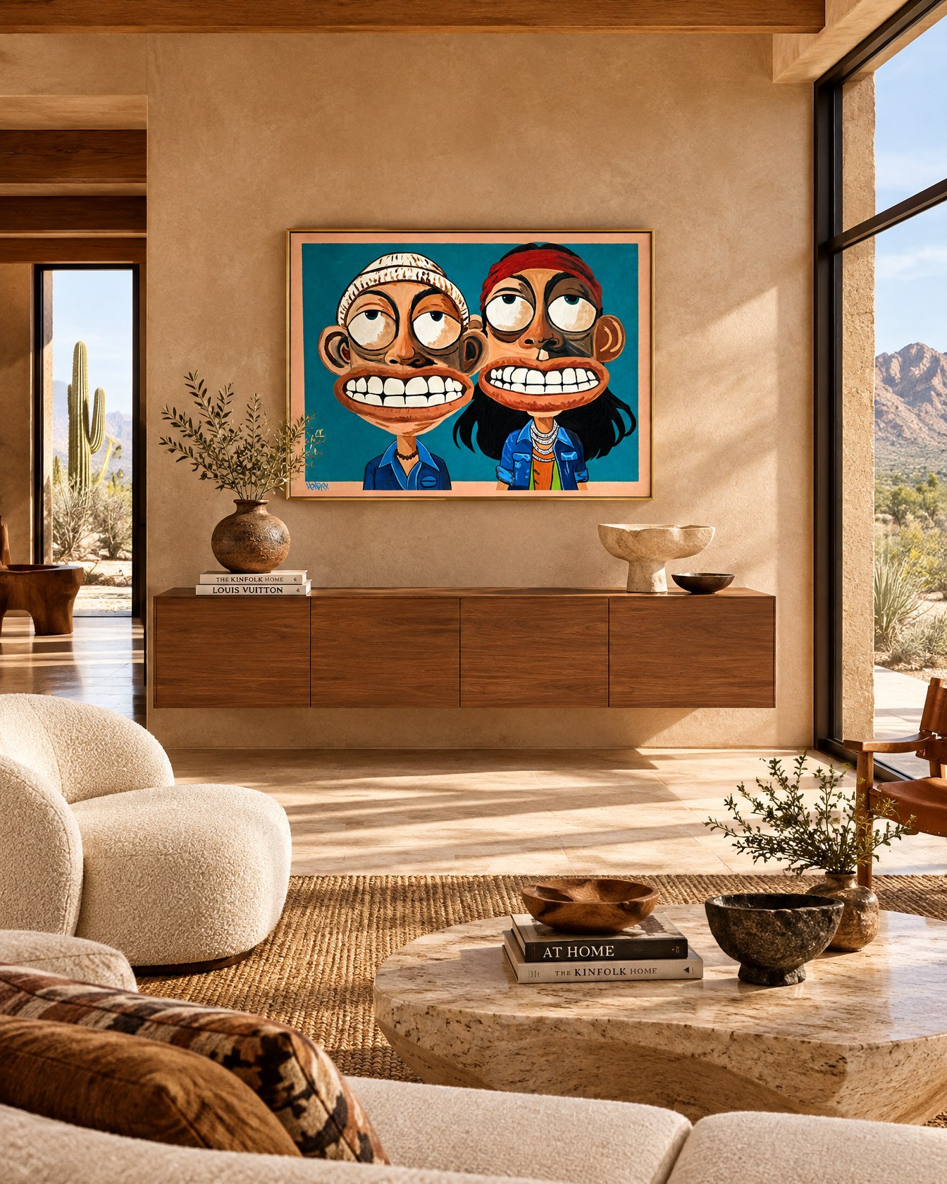 Cheek and Bong canvas print displayed front-facing in a desert modern living room