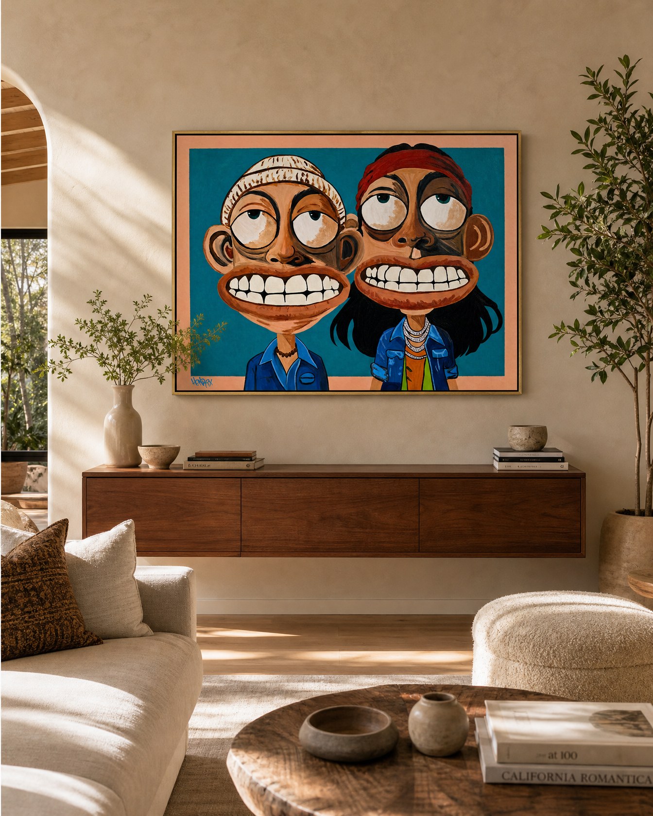 Cheek and Bong canvas print displayed front-facing in a bright organic modern living room