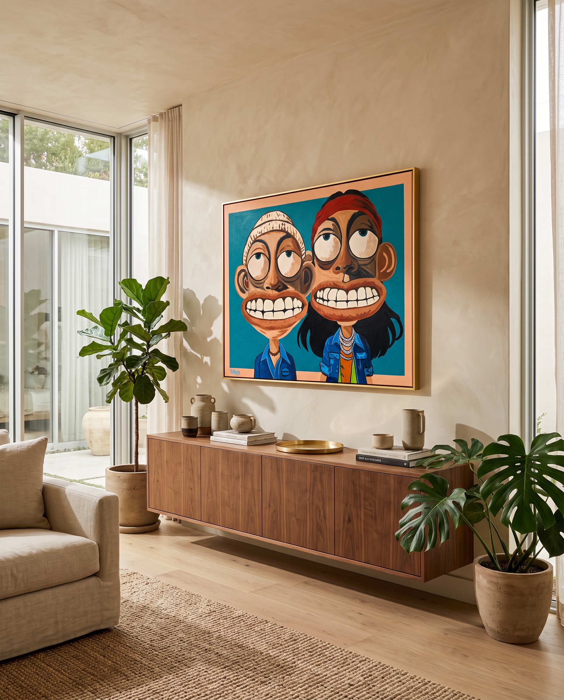 Cheek and Bong canvas print shown from a clear side angle in an organic modern living room