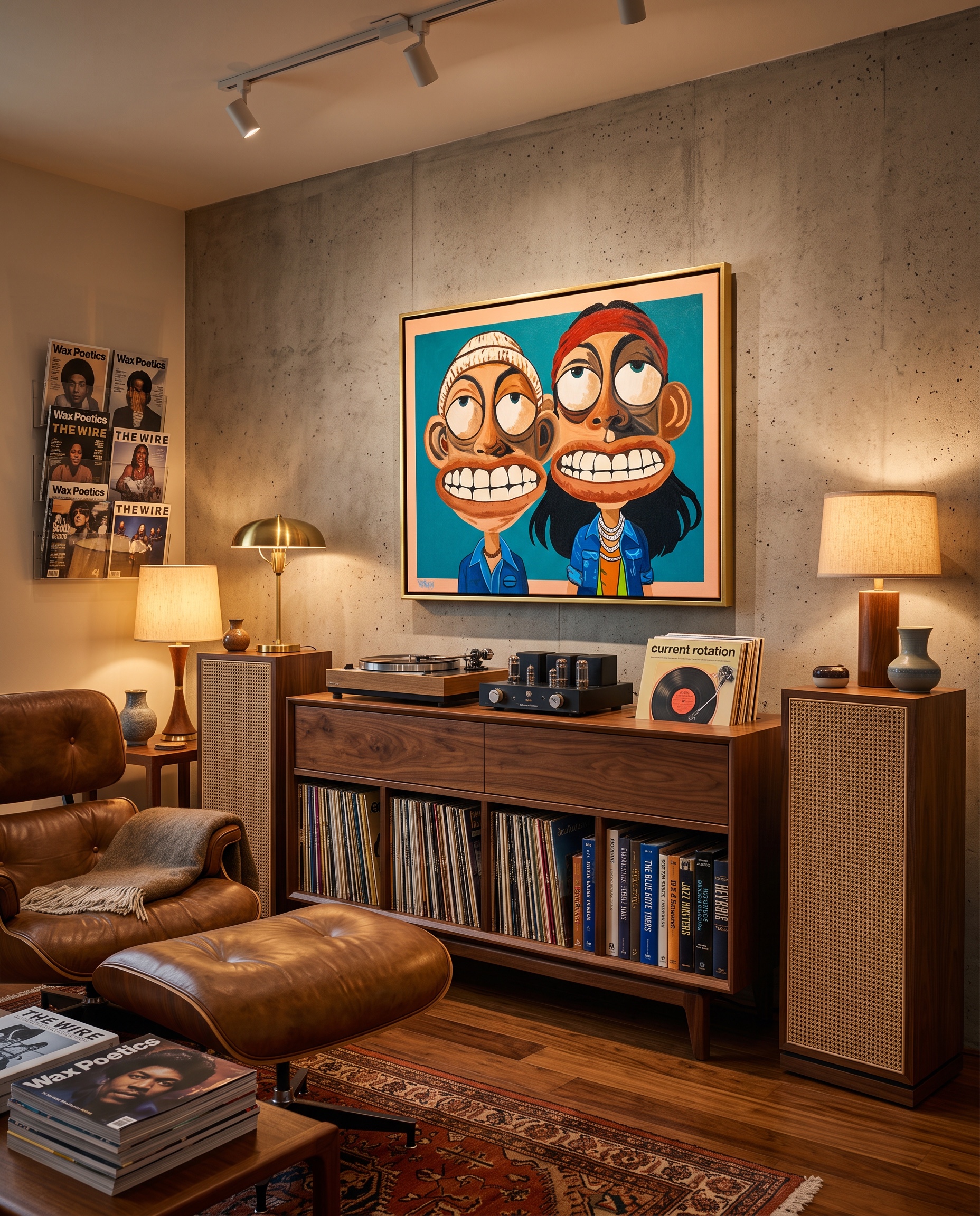 Cheek and Bong canvas print shown from a clear side angle in a walnut listening room