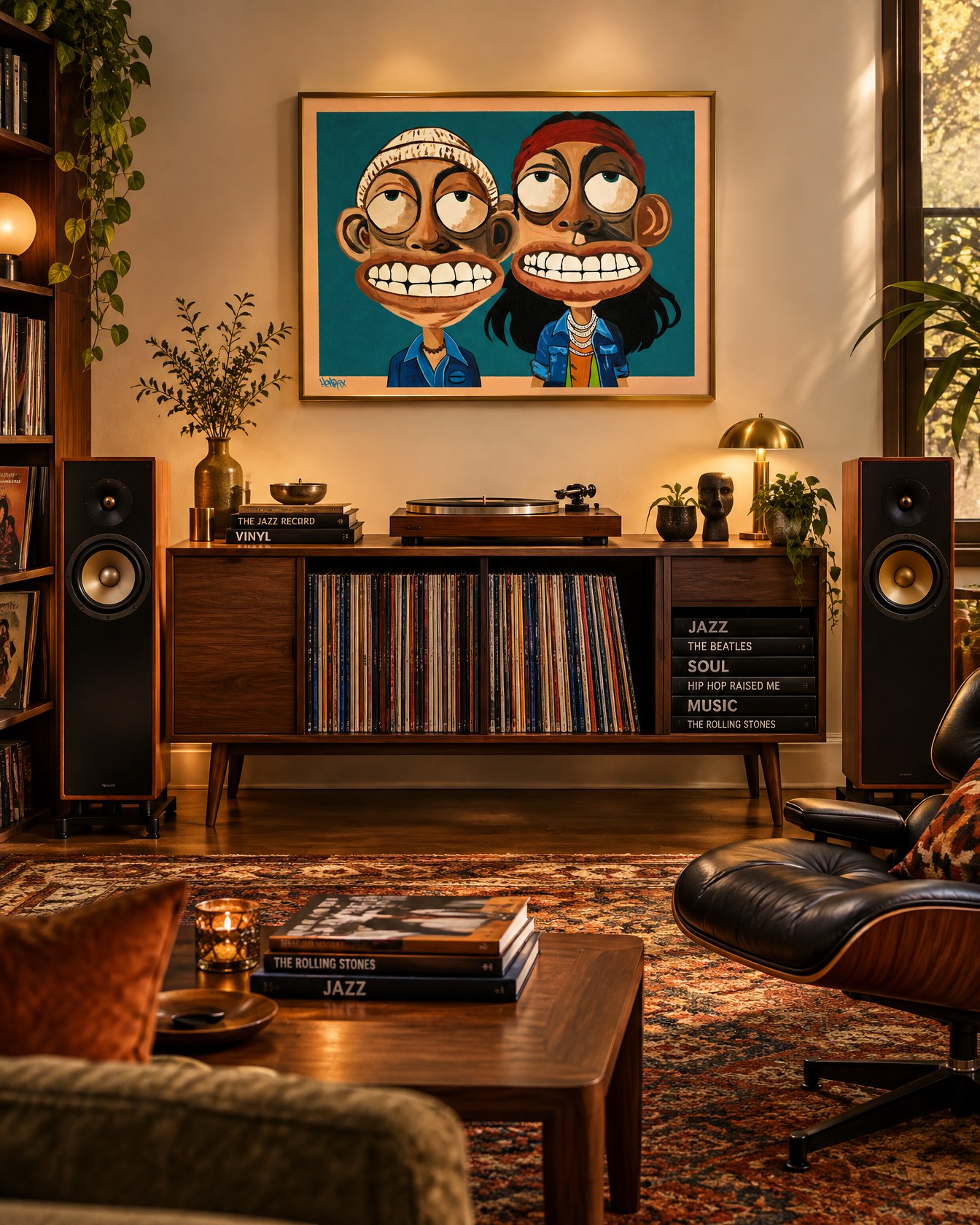 Cheek and Bong canvas print displayed front-facing in a refined walnut listening room