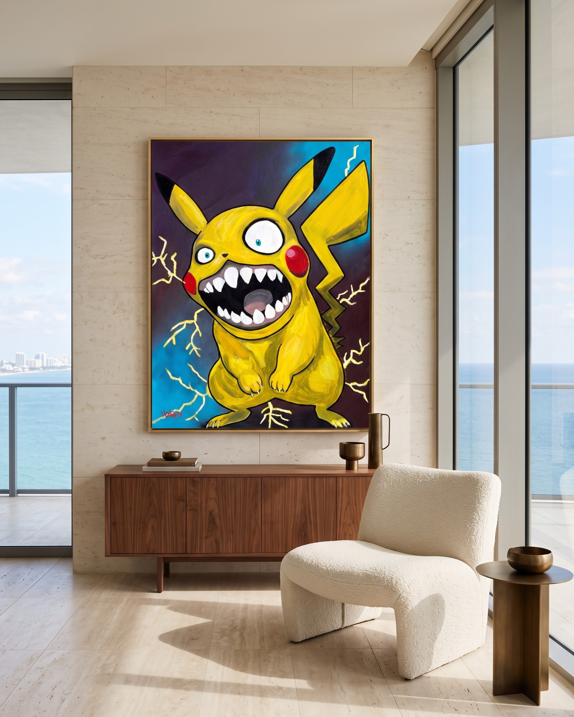 Fully Charged canvas print displayed front-facing in a luxury Miami oceanfront collector condo