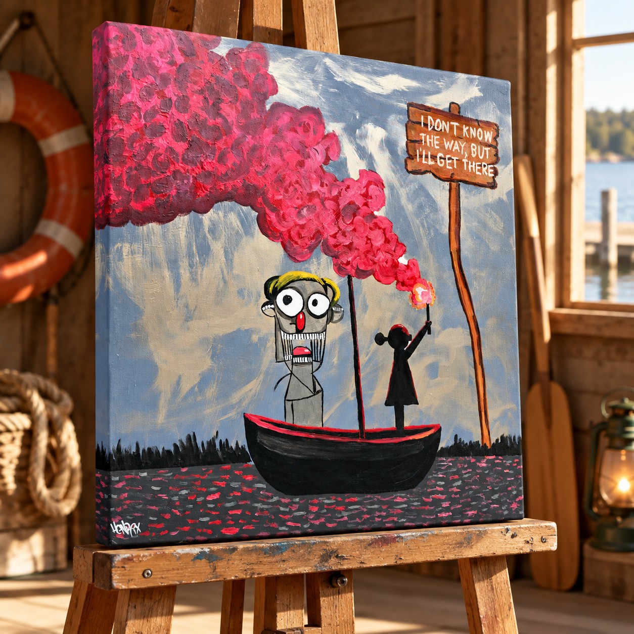 I'll Get There canvas print on a boathouse easel, viewed from the left to show the stretched edge