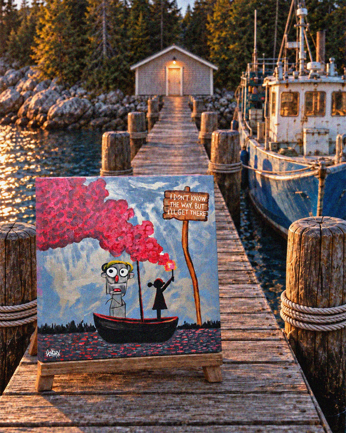 I'll Get There canvas print on the dock with the fishing boat and boathouse behind it