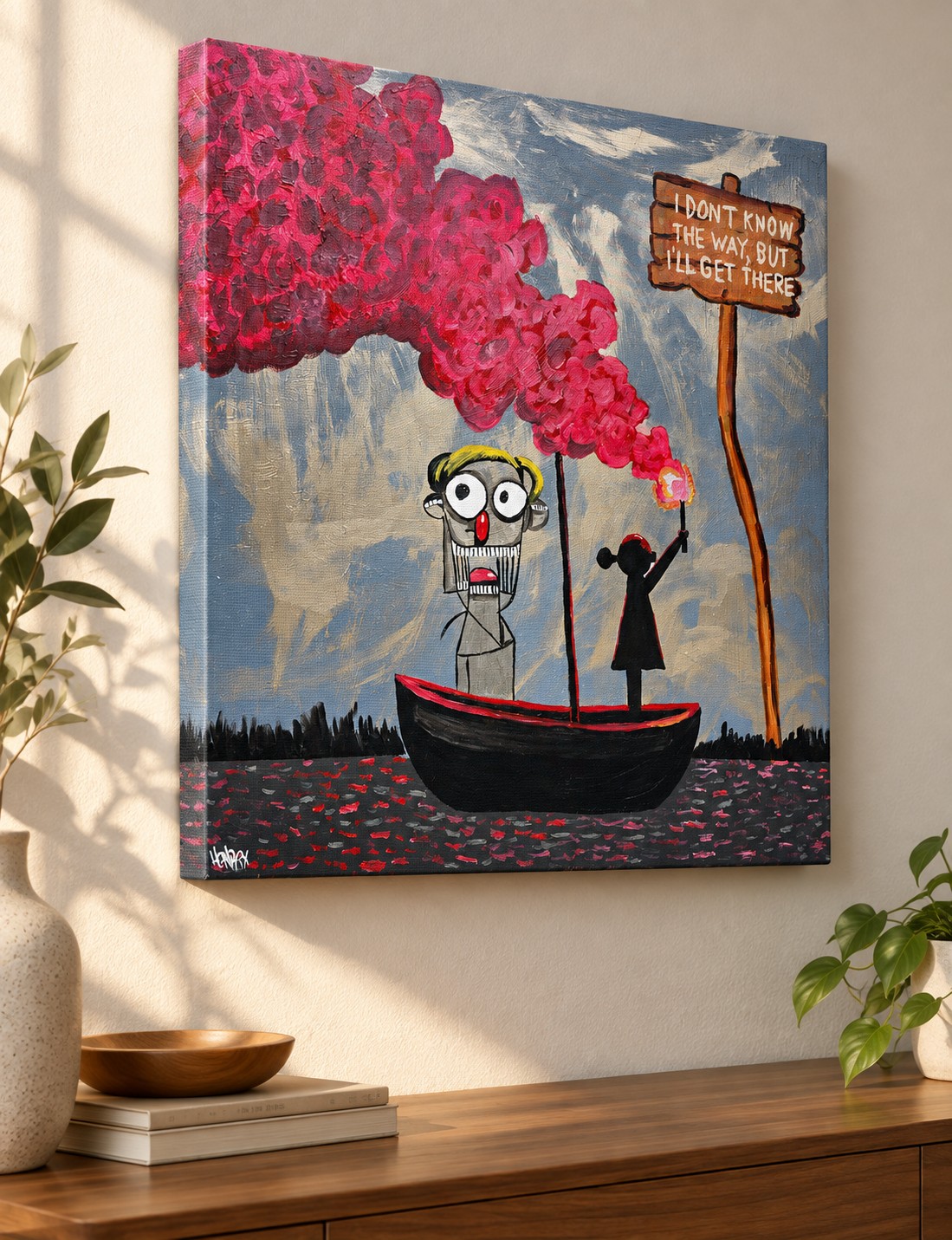 I'll Get There canvas print viewed from the left on a living room wall, with the stretched edge visible