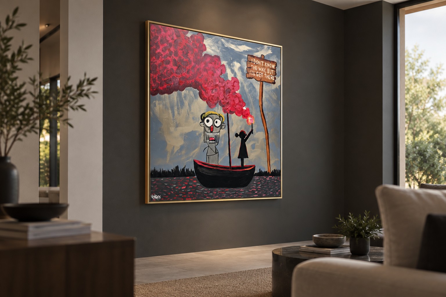 I'll Get There original painting on a charcoal wall, visualized from the left