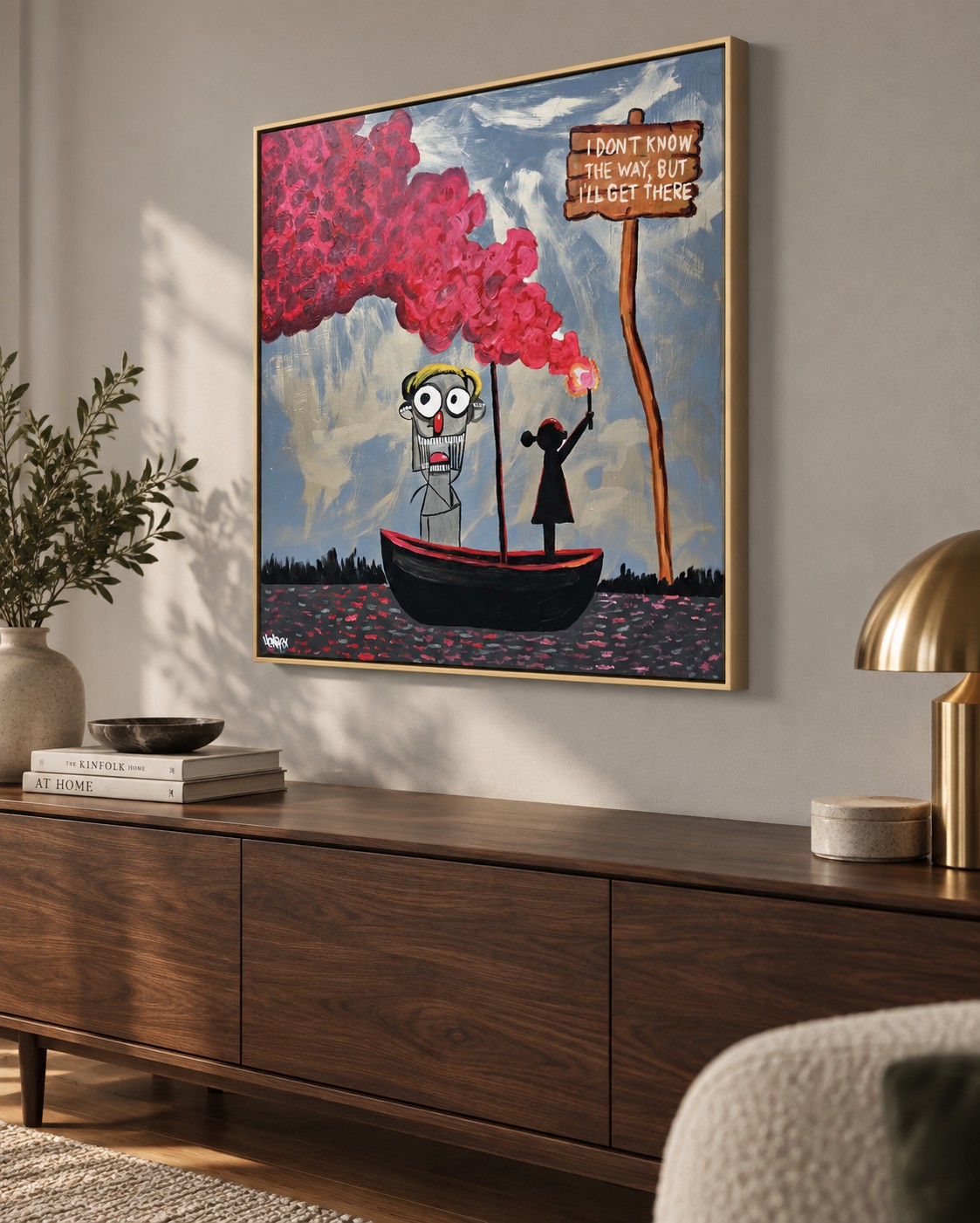 I'll Get There original painting above a walnut sideboard, visualized from the right
