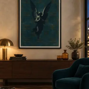 A Prayer in the Dark print, 30 × 40 inch, black frame above a dark wood console in an evening lounge
