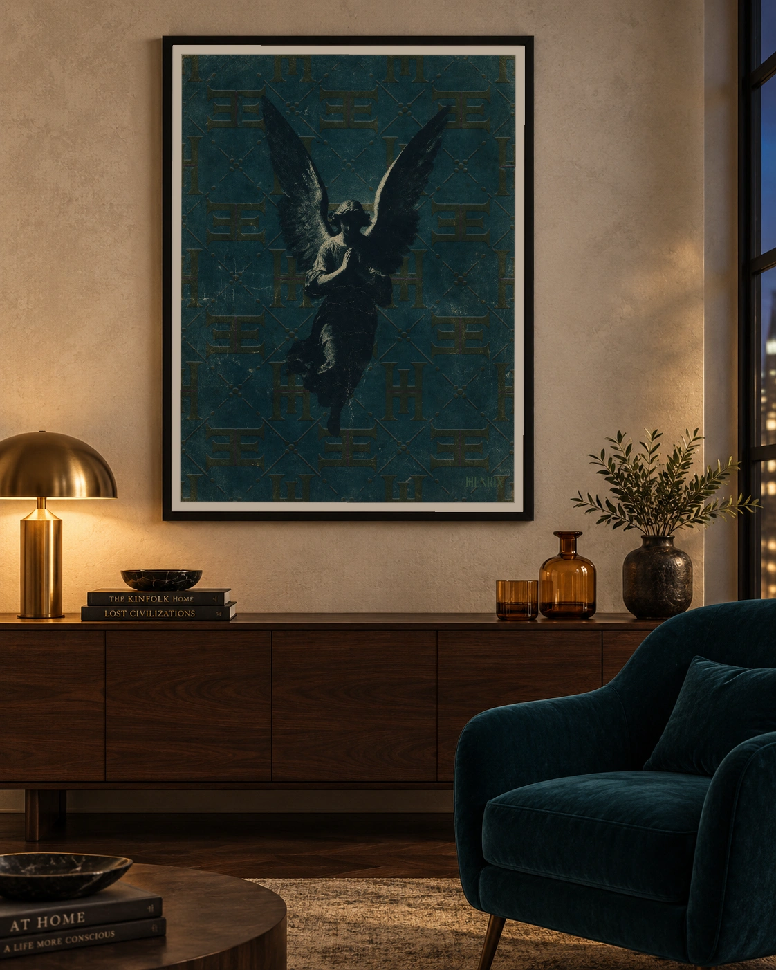 A Prayer in the Dark print, 30 × 40 inch, black frame above a dark wood console in an evening lounge