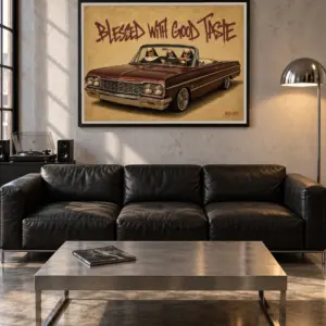 Blessed With Good Taste print, 48 × 36 inch, black frame above a leather sofa in a concrete-walled loft