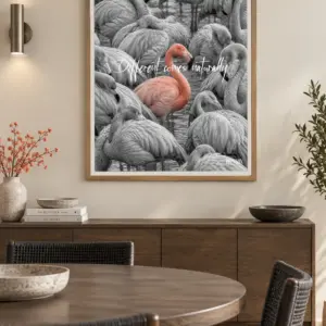 Different Comes Naturally print, 30 × 40 inch, Natural Wood frame on a dining-room wall above a wood sideboard
