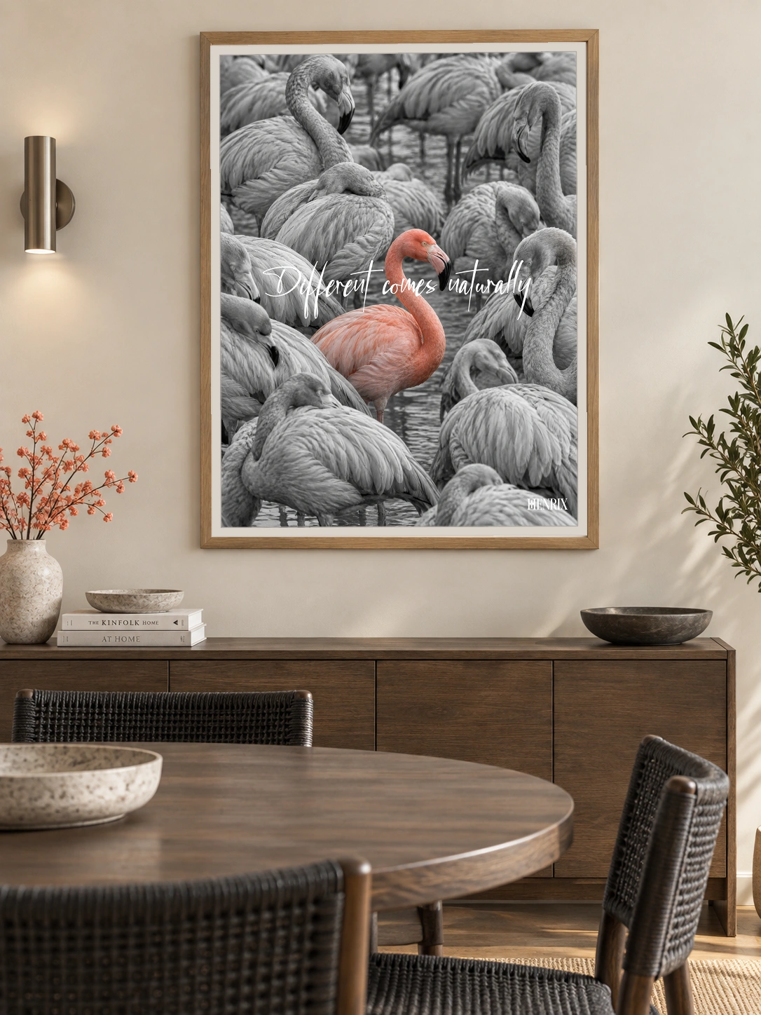 Different Comes Naturally print, 30 × 40 inch, Natural Wood frame on a dining-room wall above a wood sideboard