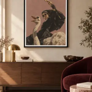 Divine Departure print, 30 × 40 inch, black frame above a wood console beside a burgundy chair