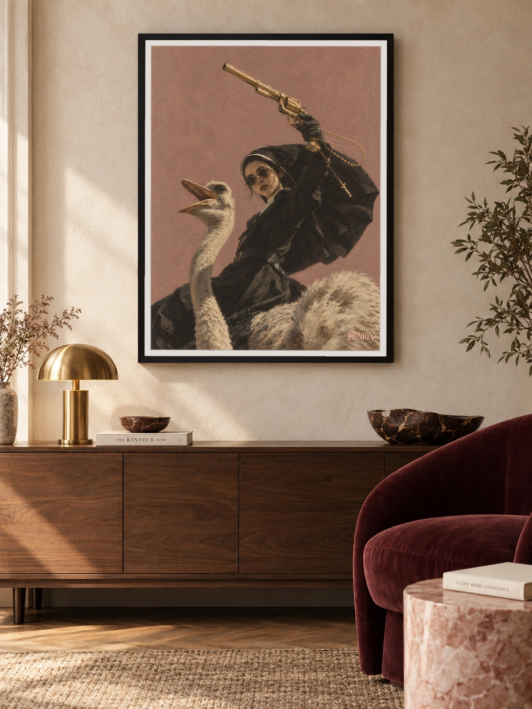Divine Departure print, 30 × 40 inch, black frame above a wood console beside a burgundy chair